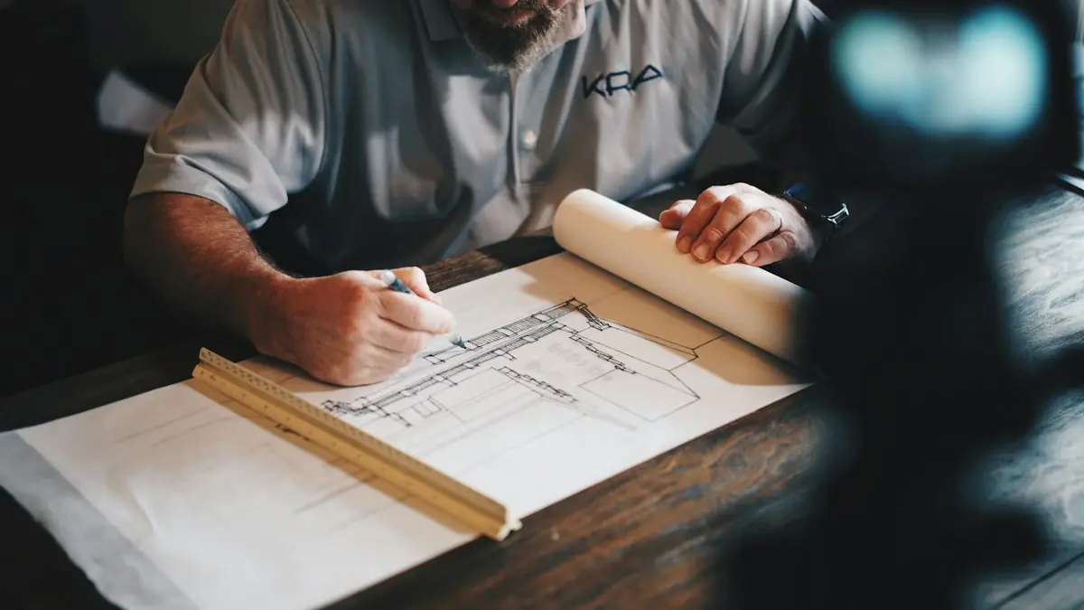 Architect reviewing house construction drawings – representational image
